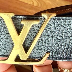 Louis Vuitton Textured Black Belt with Gold Monogram Buckle